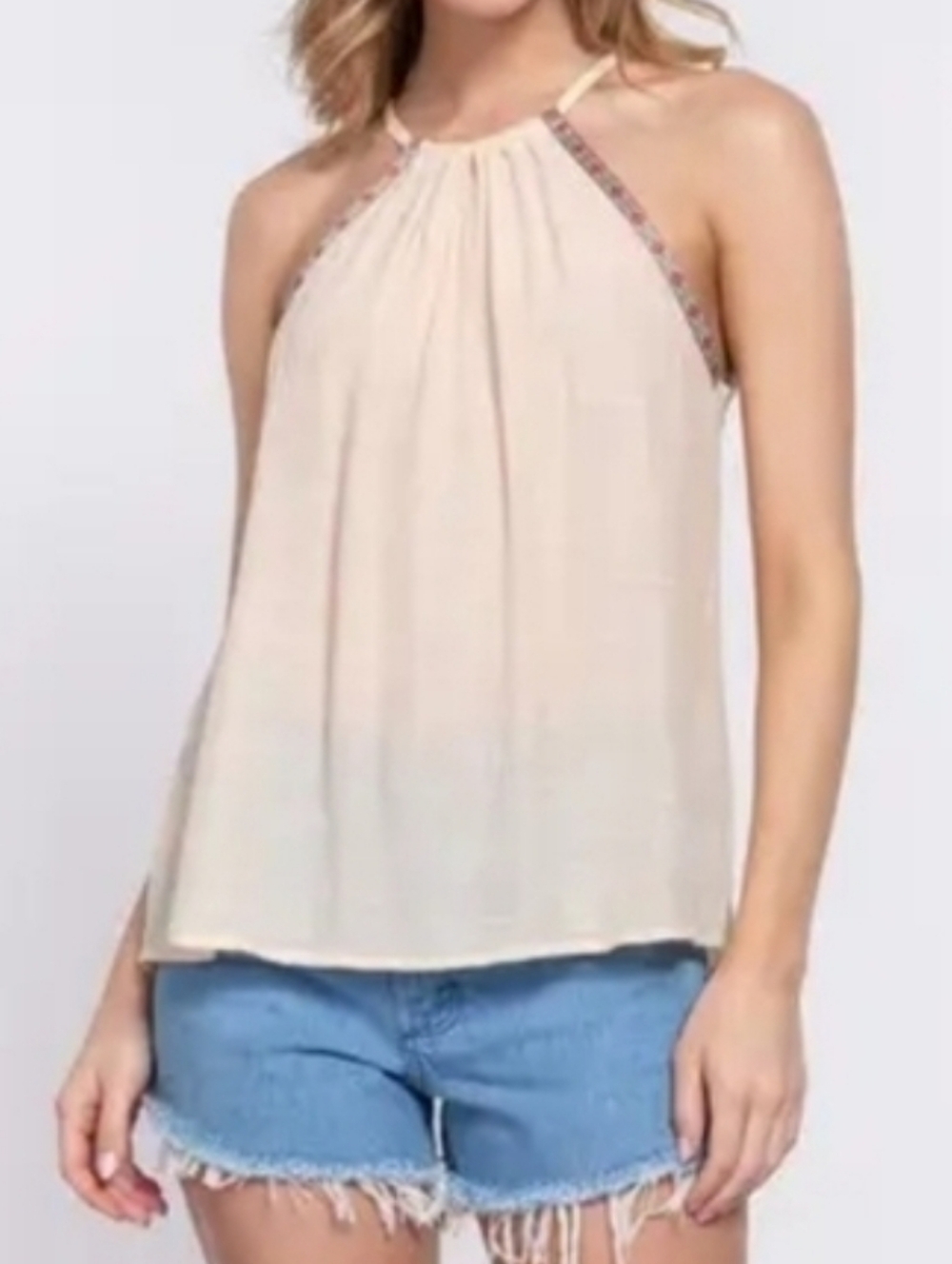 NWT Active USA Cream Halter Neck Tank with Embroidered Trim